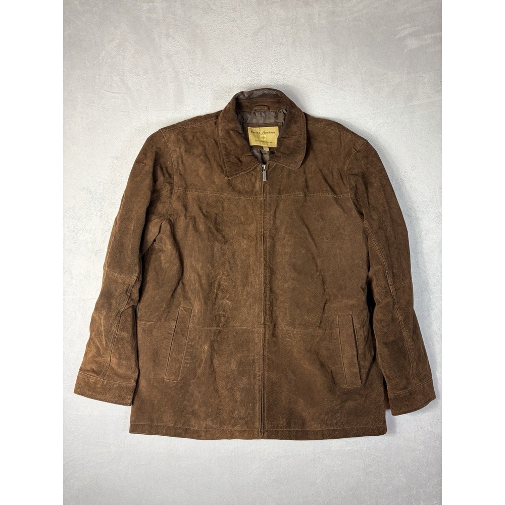 BOSTON HARBOUR‎ OUTDOOE WEAR SUEDE LEATHER COAT FULL ZIP SNAP SLEEVE BROWN LARGE